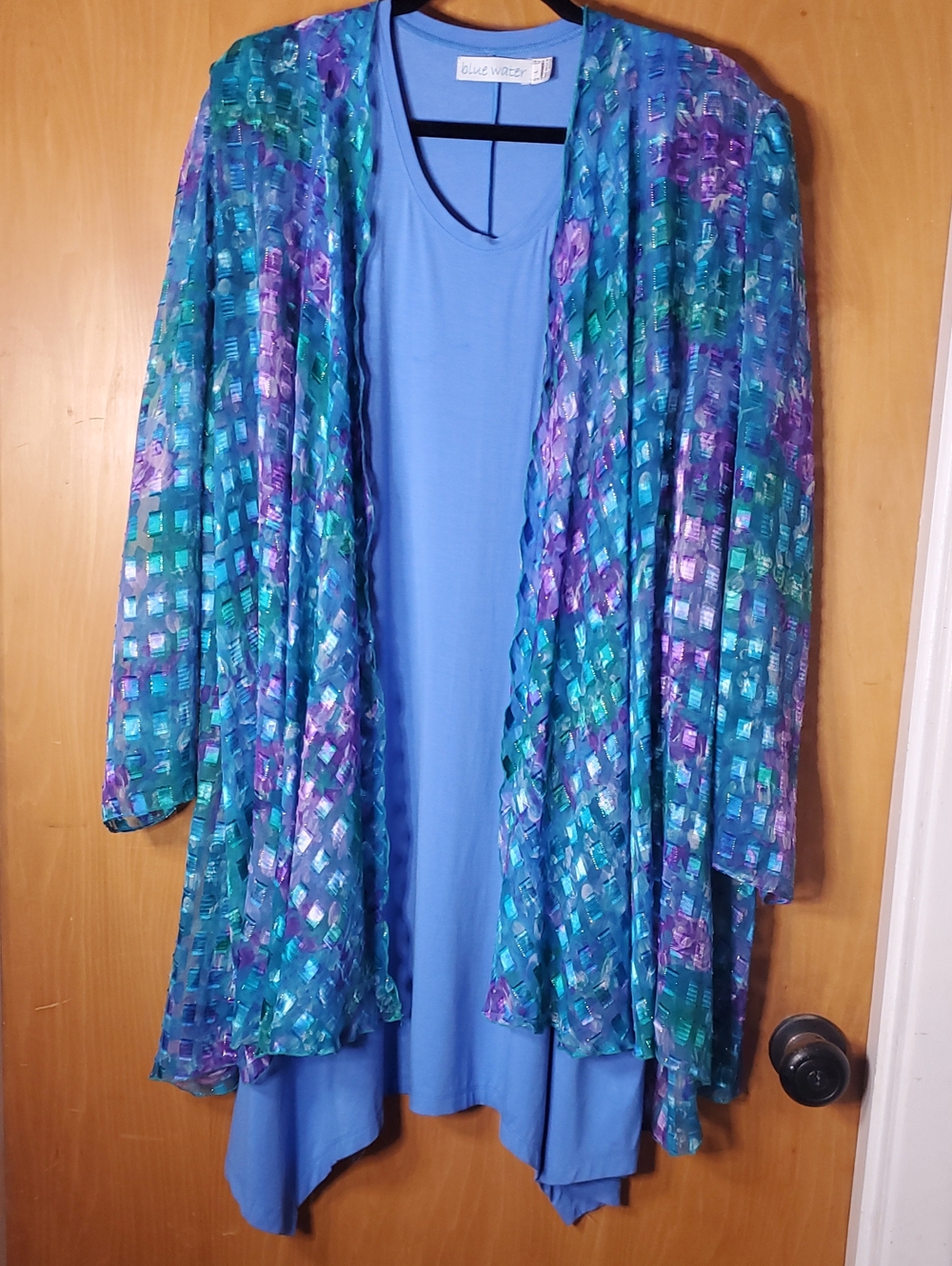 Blue Water Vintage 2Pc Duster Dress Set L Mother of the Bride Iridescent Metalli